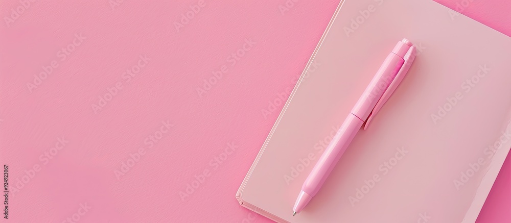 Leinwandbilder pink background with copy space for text featuring a pen and a notebook
