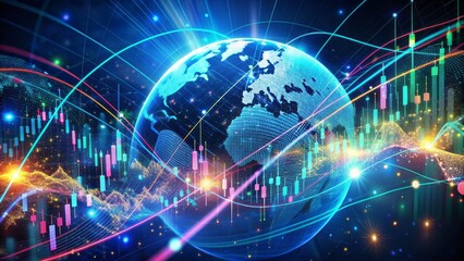 Vibrant digital data streams swirl above a dark background, illustrating global financial processing and business analytics, with glowing networks and charts showcasing market trends.