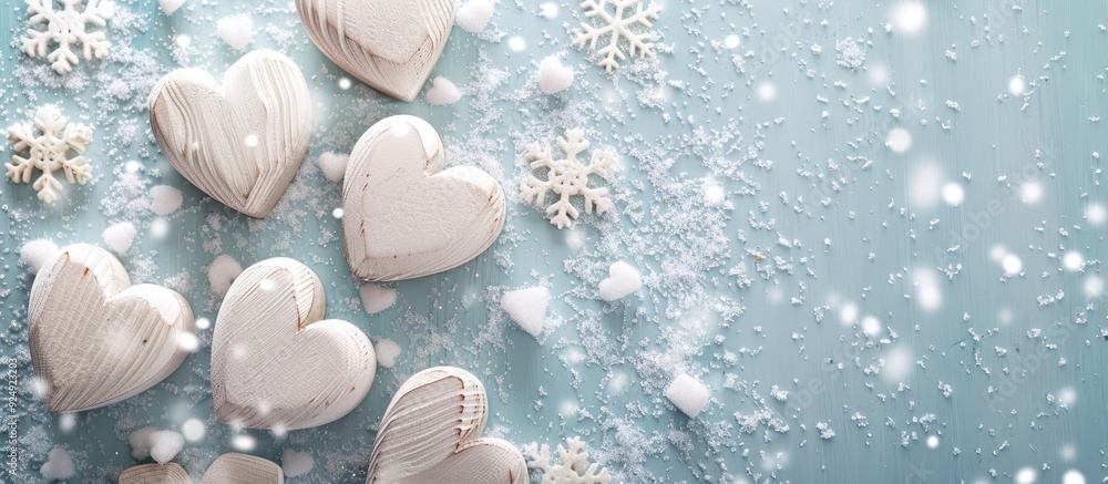 Poster festive greeting card with a snowfall effect features white wooden hearts snowflakes and ample copy 