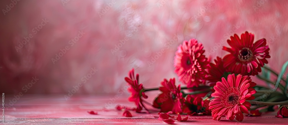 Poster valentine s day background featuring vibrant red flowers on a wooden floor against a soft pink backd