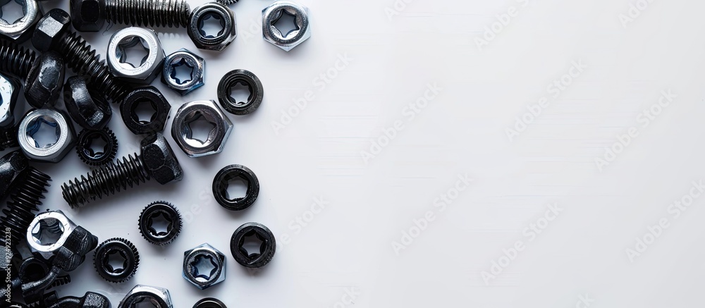Poster Screws and washers arranged on a white backdrop next to a blank space reserved for an image. Creative banner. Copyspace image