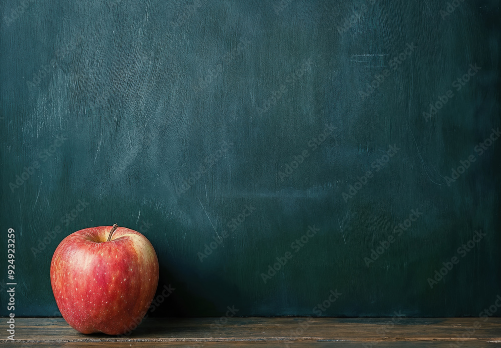 Aufkleber red apple is sitting on a wooden table in front of a blank chalkboard with copy space