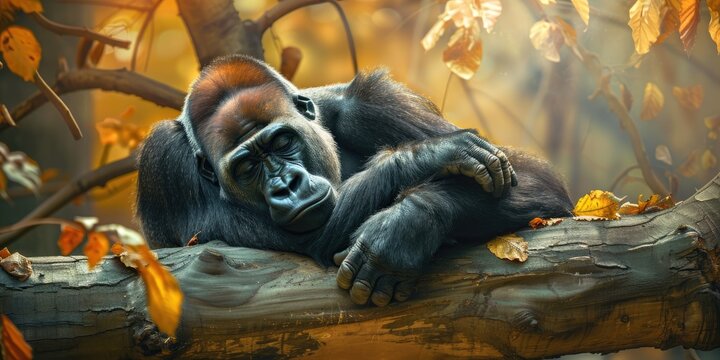 Female gorilla resting on a tree
