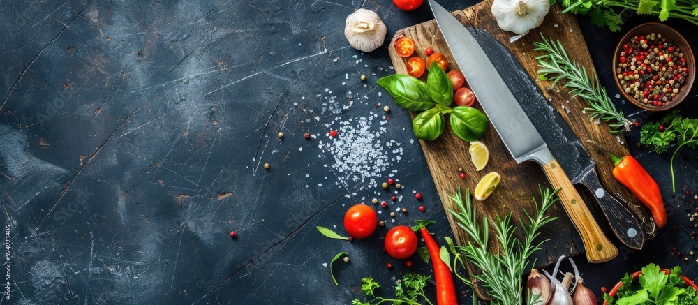 Poster top view of a rustic cutting board with fresh vegetables herbs and spices along with a chef knife on
