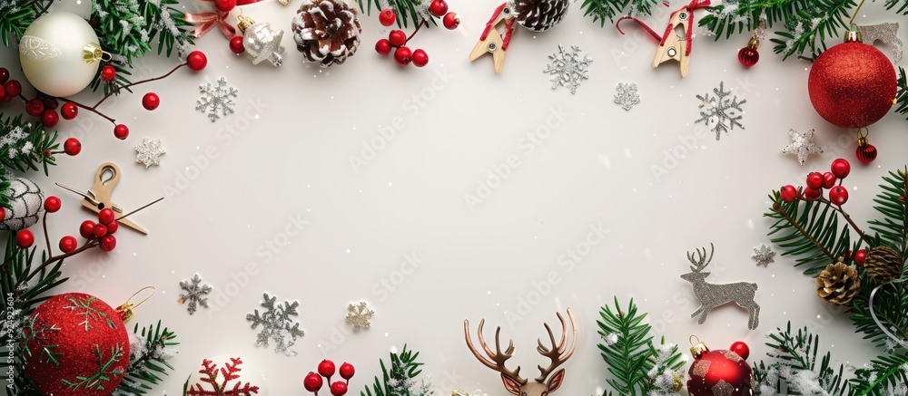 Poster creative flat lay with a festive christmas and new year theme showcasing a frame composed of colorfu