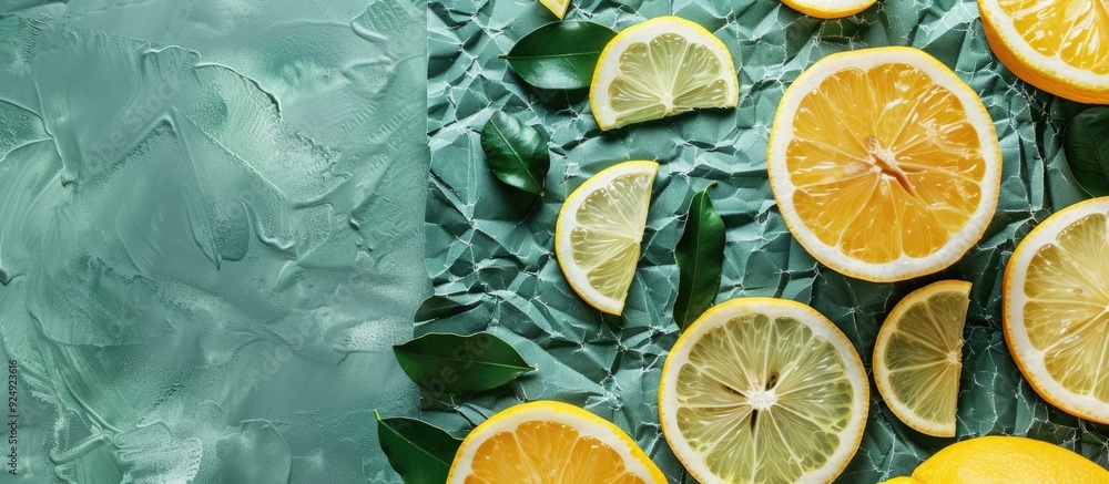 Poster top view of a vegan and vegetarian diet concept with a food pattern featuring lemons on a green pape