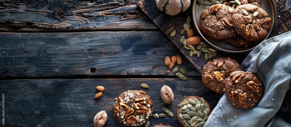 Poster fitness cookies with pumpkin seeds nuts on a wooden table in monochrome colors flat lay with copy sp
