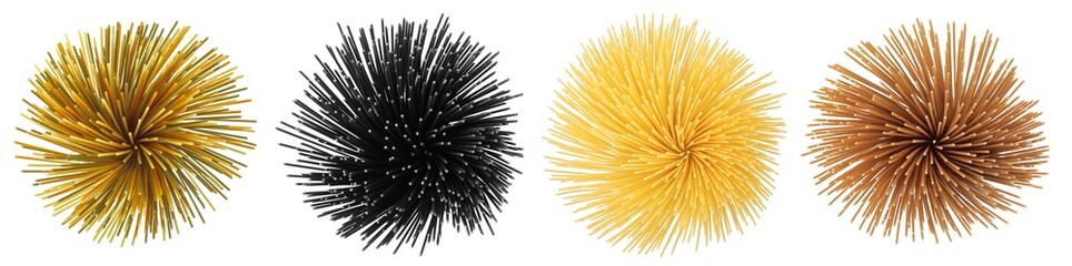 Obraz premium Uncooked colorful, black, brown and yellow spaghetti isolated on white background