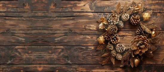 A rustic wooden wall featuring a Christmas themed gold wreath and extra space for images or text. Creative banner. Copyspace image