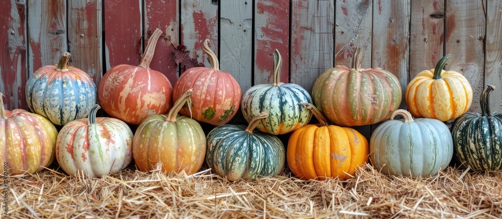 Poster Row of multicolored autumn pumpkins displayed on straw in a fall harvest scene with copy space image