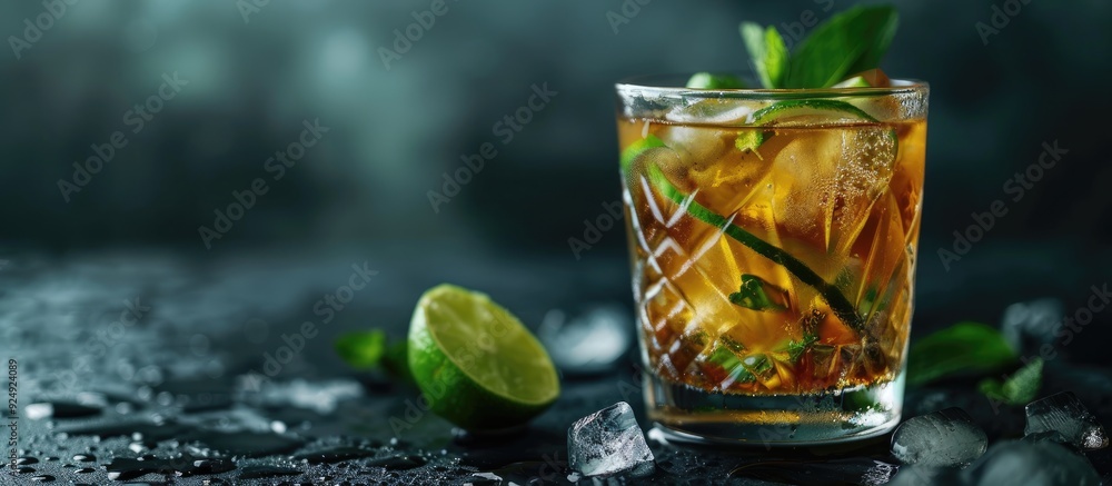 Poster A glass with an alcoholic drink made with lime rum mint and ice placed on a dark backdrop with space for additional content in the image