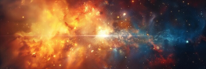 Naklejka premium A vivid depiction of a supernova explosion, radiating bright light and colorful bursts outward into the expansive cosmos.