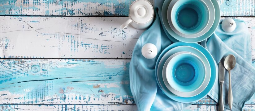 Overhead shot of blue dining set on aged white wood Photo with copy space image