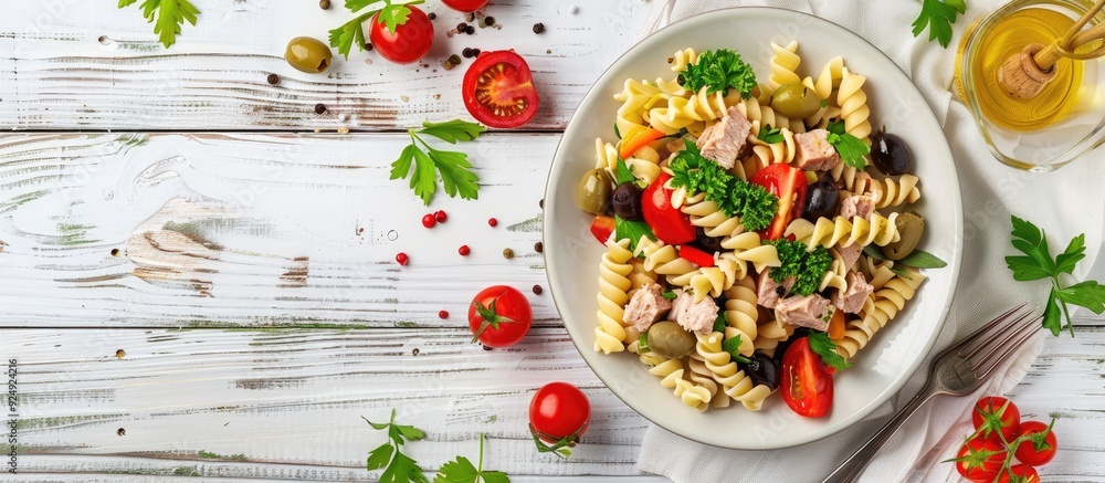 Poster top view of a fusilli pasta salad with tuna tomatoes olives and parsley on a white wooden backdrop f