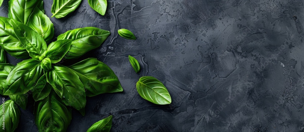 Aufkleber Top view of large green basil leaves on a dark grey backdrop with room for text or other elements close up in the image. Creative banner. Copyspace image