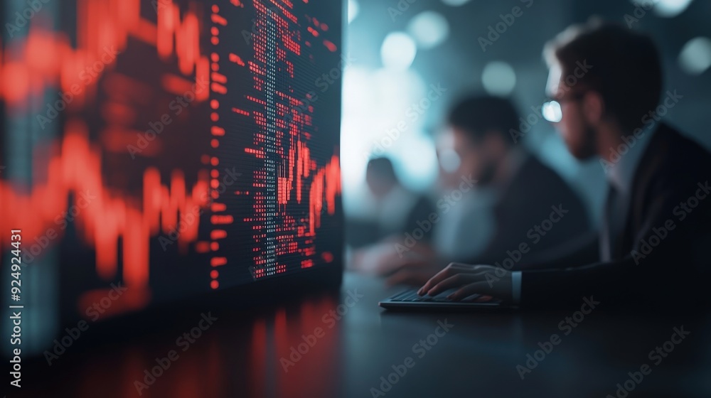 Poster dynamic financial analysis in action: experts engaged in market trends and data insights amidst a hi