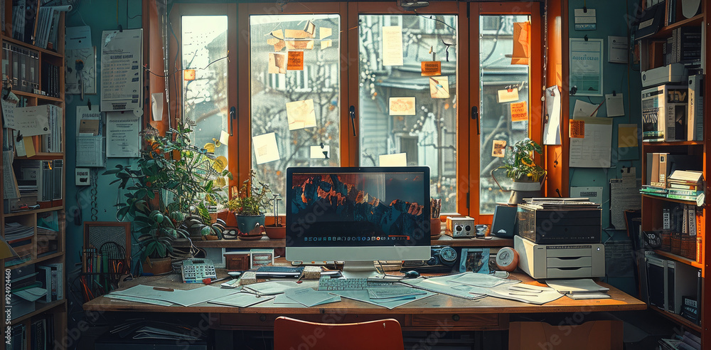 Poster an computer on a desk in a cozy room. there are falling working papers and work messes all around. g