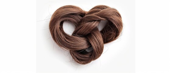 Heart-shaped knot of long brown hair on a white background. Saturated tones, graceful curls form intertwining hearts.