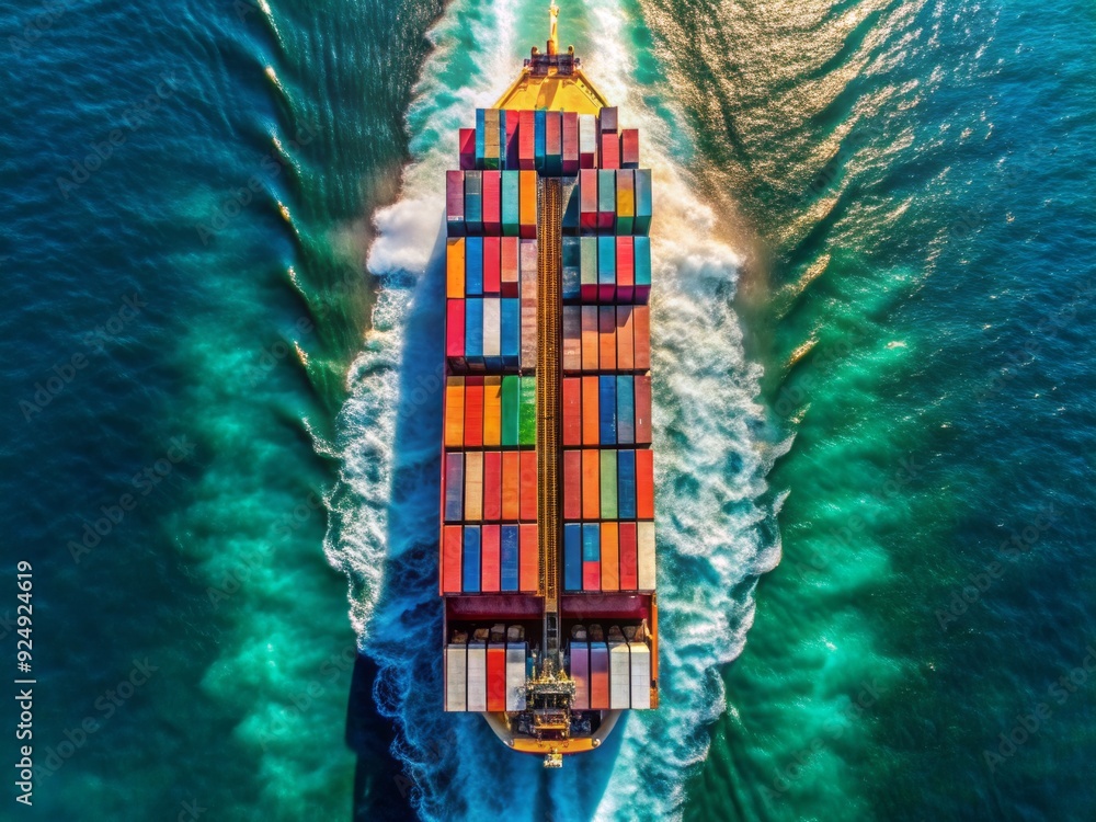 Poster aerial top-down view of a massive container ship sailing full speed across the open sea, highlightin