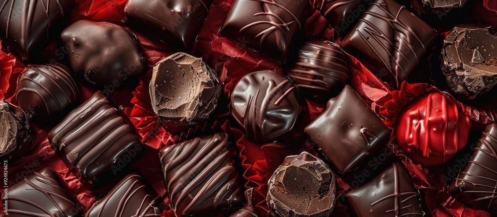 Fototapete close up of chocolate candies wrapped in red paper on a white background. with copy space image. pla