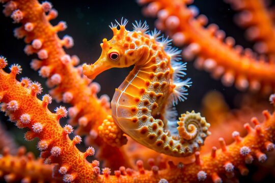 Vibrant orange Denise pygmy seahorse with intricate patterns and curled tail, hovering near a coral reef in the tropical waters of the Indo-Pacific Ocean.