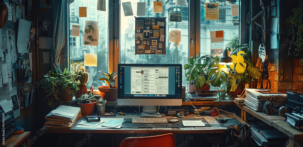 Aufkleber An computer on a desk in a cozy room. There are falling working papers and work messes all around. Generative AI.