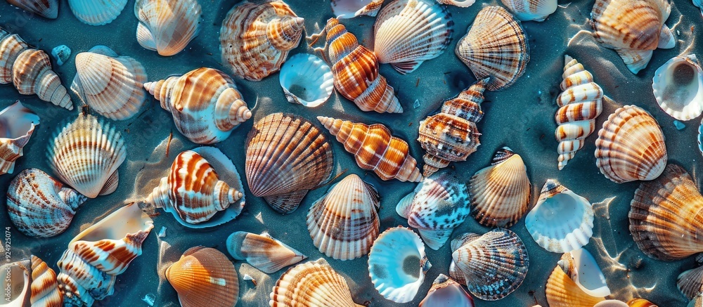 Aufkleber Seashells set against a blue backdrop. with copy space image. Place for adding text or design