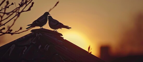 A pair of birds are silhouetted while sitting on the roof. with copy space image. Place for adding text or design