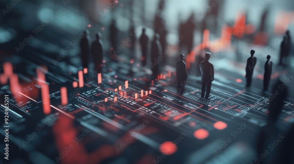 Poster diverse investors analyzing financial data with intense focus amidst a dynamic and technological env