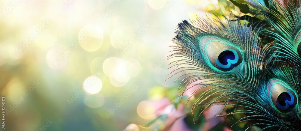 Poster Peacock feathers with a blurred background and text copy space