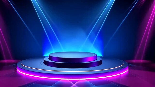 Abstract background podium with light neon rays and hologram elements for product presentation.