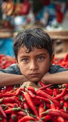 a boy in a market surrounded by red chilli peppers. hinting at a strong connection with peppers. The bustling market creates a lively atmosphere.