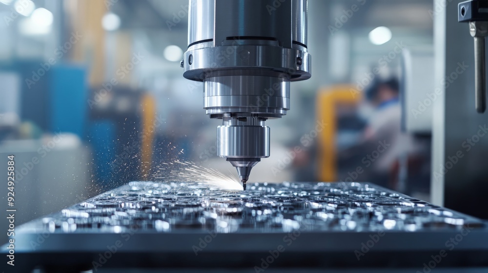 Poster close-up of a cnc machine in operation, precisely cutting metal with high-speed drilling in a modern