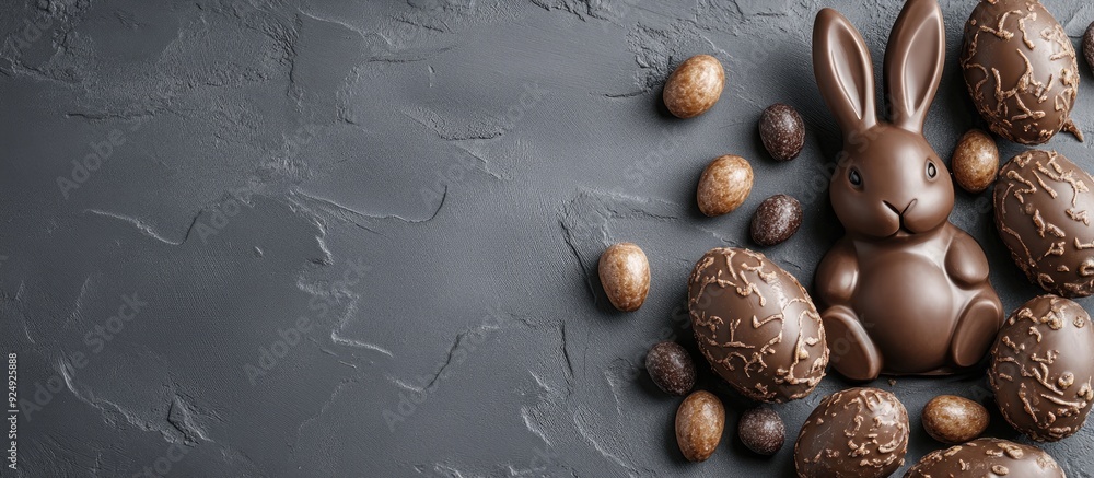 Aufkleber Chocolate Easter bunnies and sweets on a grey background. with copy space image. Place for adding text or design