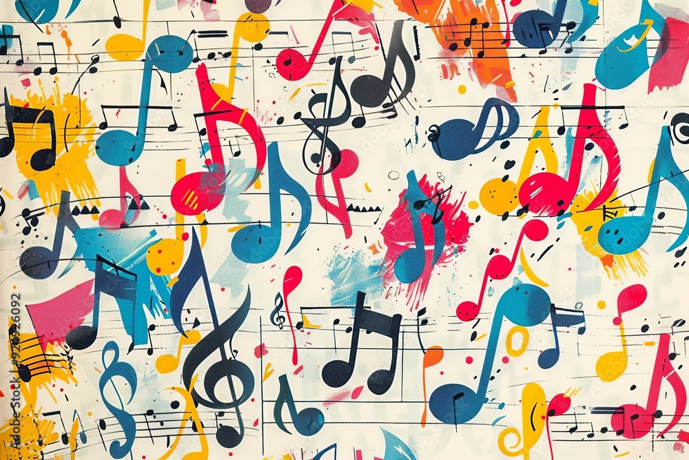 Poster a lively pattern featuring colorful musical notes on sheet music, with whimsical notes in bright col