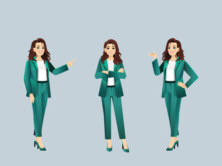 Set of Office Girl wearing green suit vector in different poses
