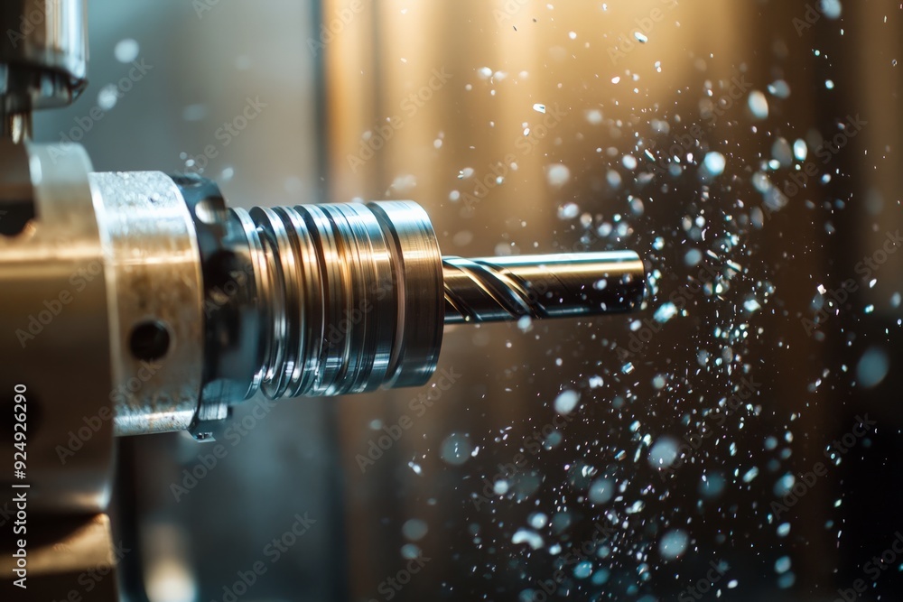 Poster close-up of a cnc machine performing metal cutting with precision, generating metal shavings and par