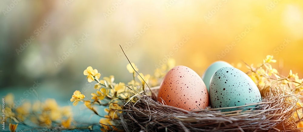 Aufkleber Nest with lovely Easter eggs on a colorful background. with copy space image. Place for adding text or design