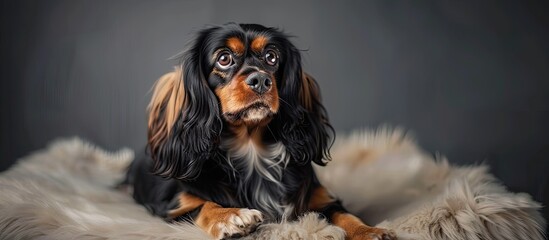 Naklejka premium A King Charles Spaniel is sitting indoors in a studio. with copy space image. Place for adding text or design