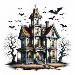 Obraz premium Witch's house Surrounded by Creepy Graveyard and Halloween Pumpkins