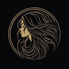 A vector graphic of a beautiful woman with long hair using only gold lines on a black background