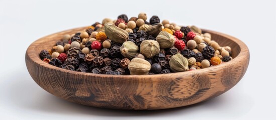 Composition featuring various spices including cardamom and black pepper Spherical Arabic On a white background. with copy space image. Place for adding text or design