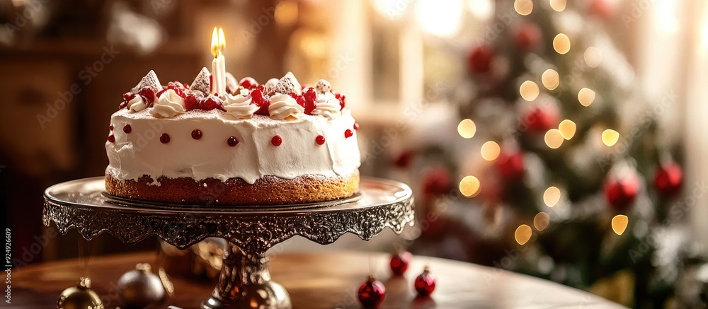 Poster christmas cake on an ornate table for new year s eve. with copy space image. place for adding text o
