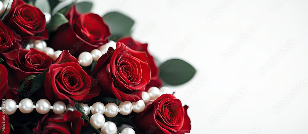 Poster wedding bouquet featuring red roses and pearls set against a white background. with copy space image
