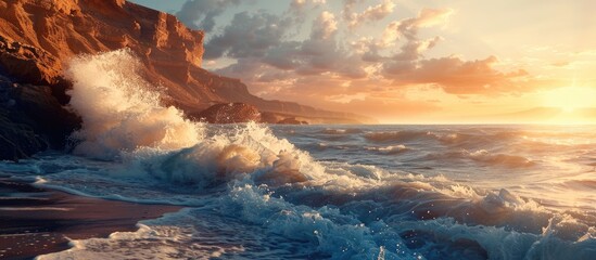 Fototapeta premium Landscape of turbulent sea waves crashing against cliffs and sandy shore in the glow of the evening sun. with copy space image. Place for adding text or design