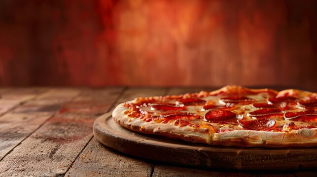 Taste the warmth of freshly baked pepperoni pizza on a wooden surface