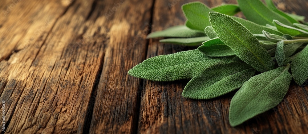 Aufkleber sage fresh spice leaves on aged wood macro. with copy space image. Place for adding text or design