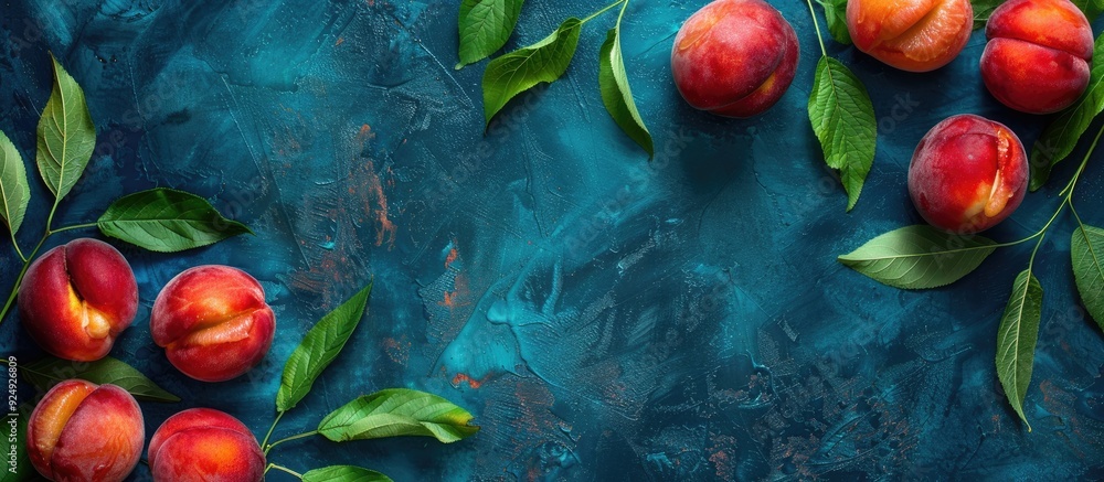 Poster ripe nectarine with leaves set against a blue background providing copy space for your text top view