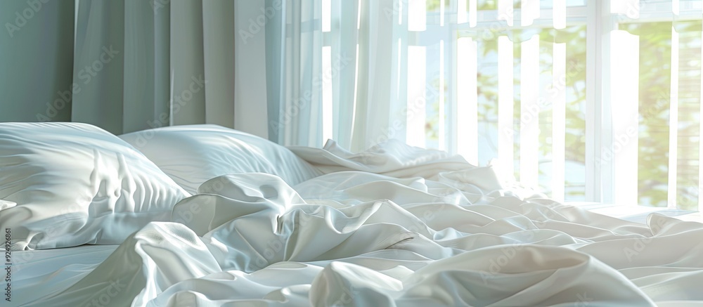 Poster Untidy white bedspread in the morning. with copy space image. Place for adding text or design