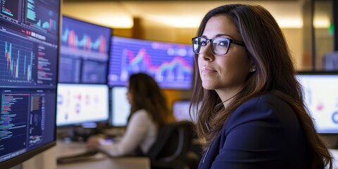 Financial analyst working at multiple monitoring screens.
